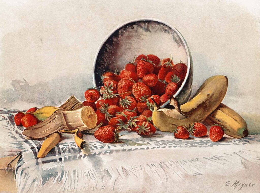 Artwork of Strawberries and Bananas in a Basket by E. Meyner